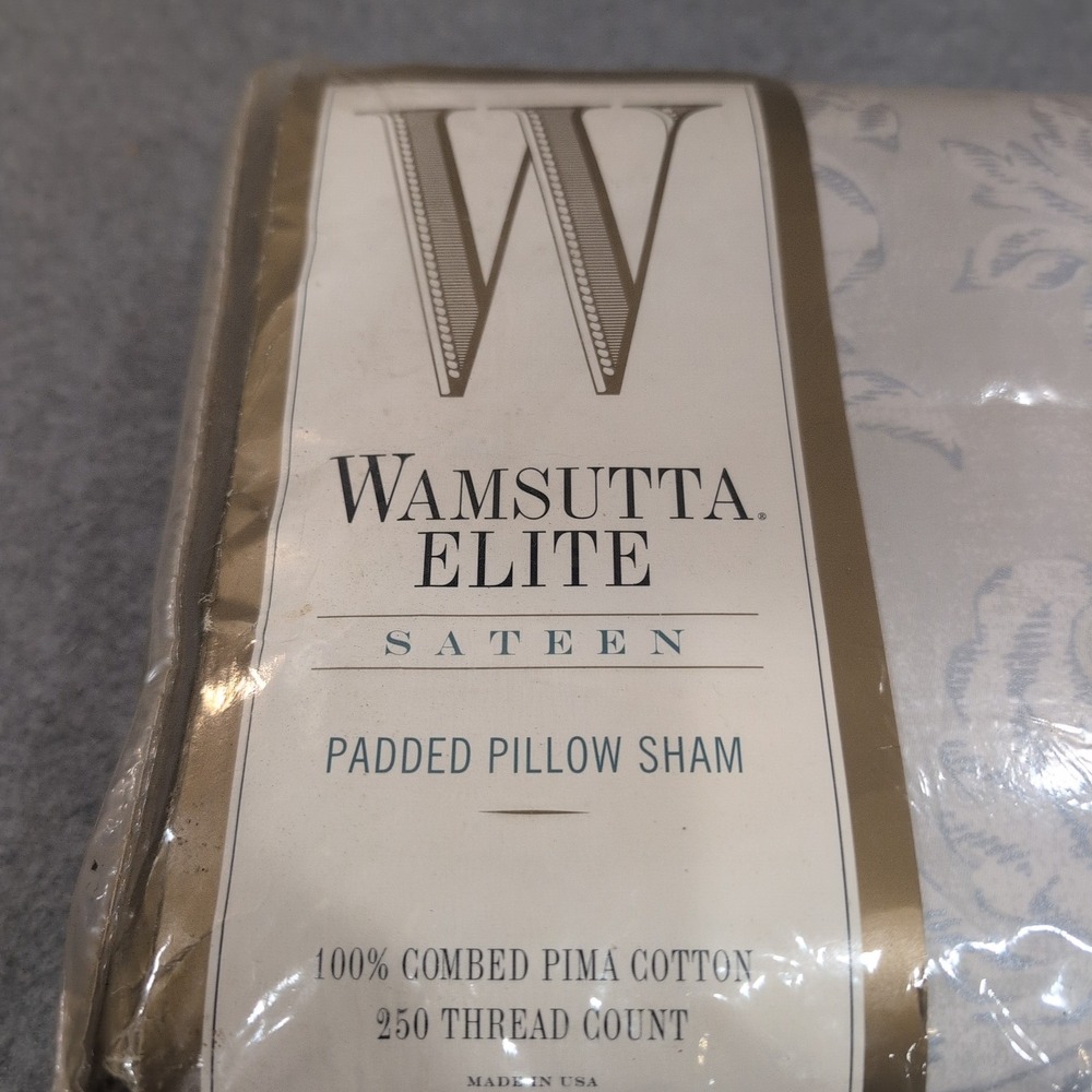 Wamsutta Elite Sateen Padded Pillow Sham King Damask 100% Pima Cotton White Blue - Picture 3 of 5